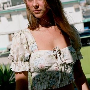 UO Eyelet Floral Tie Puff Sleeve Blouse